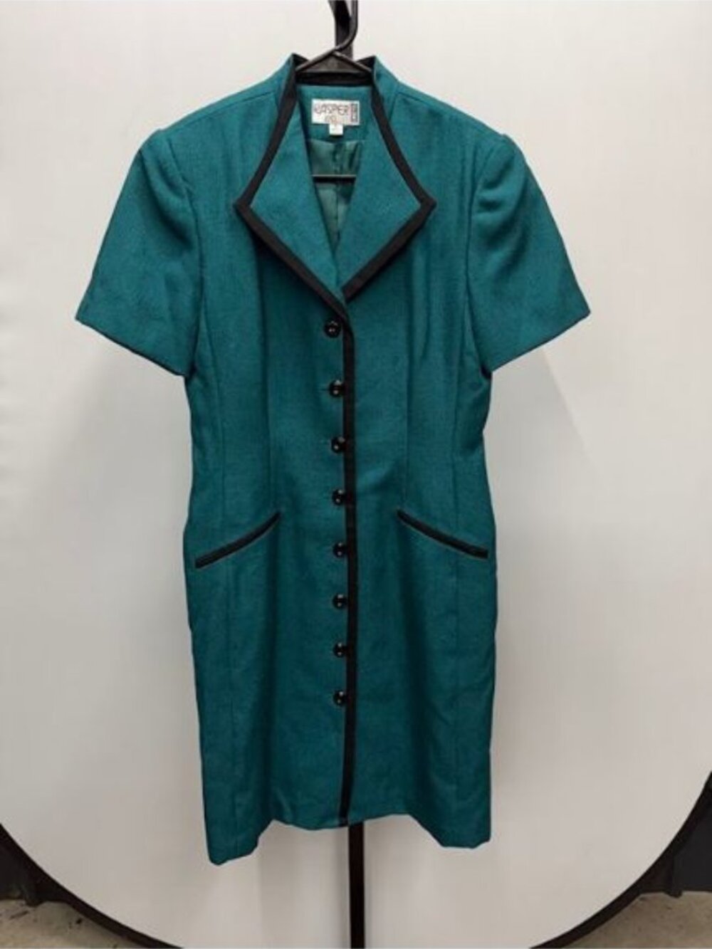 Kasper Vintage Teal Black Trim Short Sleeve Dress Suit